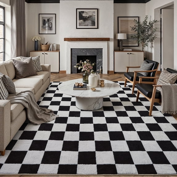 PureCozy 8'x10' Area Rugs for Entryway Entrance Kitchen Bedroom Office Rugs Modern Soft Shag Non Slip Checkered Large Washable Rugs, Black & White