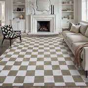 PureCozy 8'x10' Area Rugs for Entryway Entrance Kitchen Bedroom Office Rugs Modern Soft Shag Non Slip Checkered Large Washable Rugs, Coffee & White