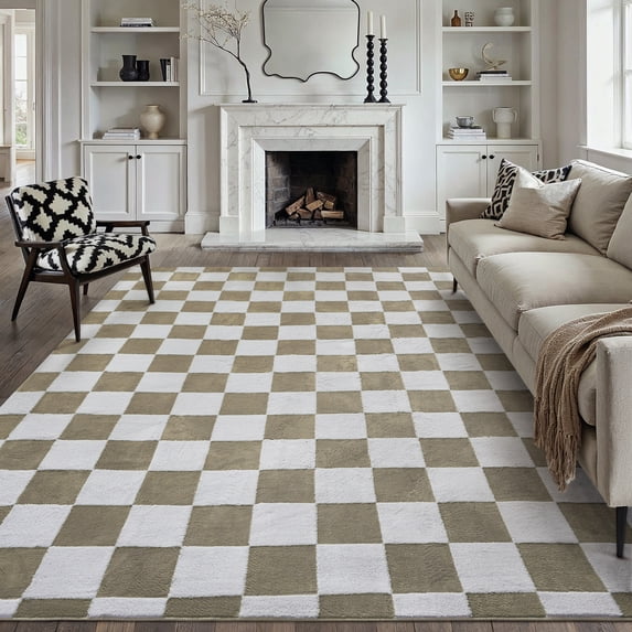 PureCozy 8'x10' Area Rugs for Entryway Entrance Kitchen Bedroom Office Rugs Modern Soft Shag Non Slip Checkered Large Washable Rugs, Coffee & White