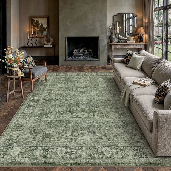 PureCozy 8'x10' Large Area Rugs for Living Room Bedroom Kitchen Vintage Traditional Oriental Washable Non Slip Dorm Office Dining Room Green Rugs Carpets, Green