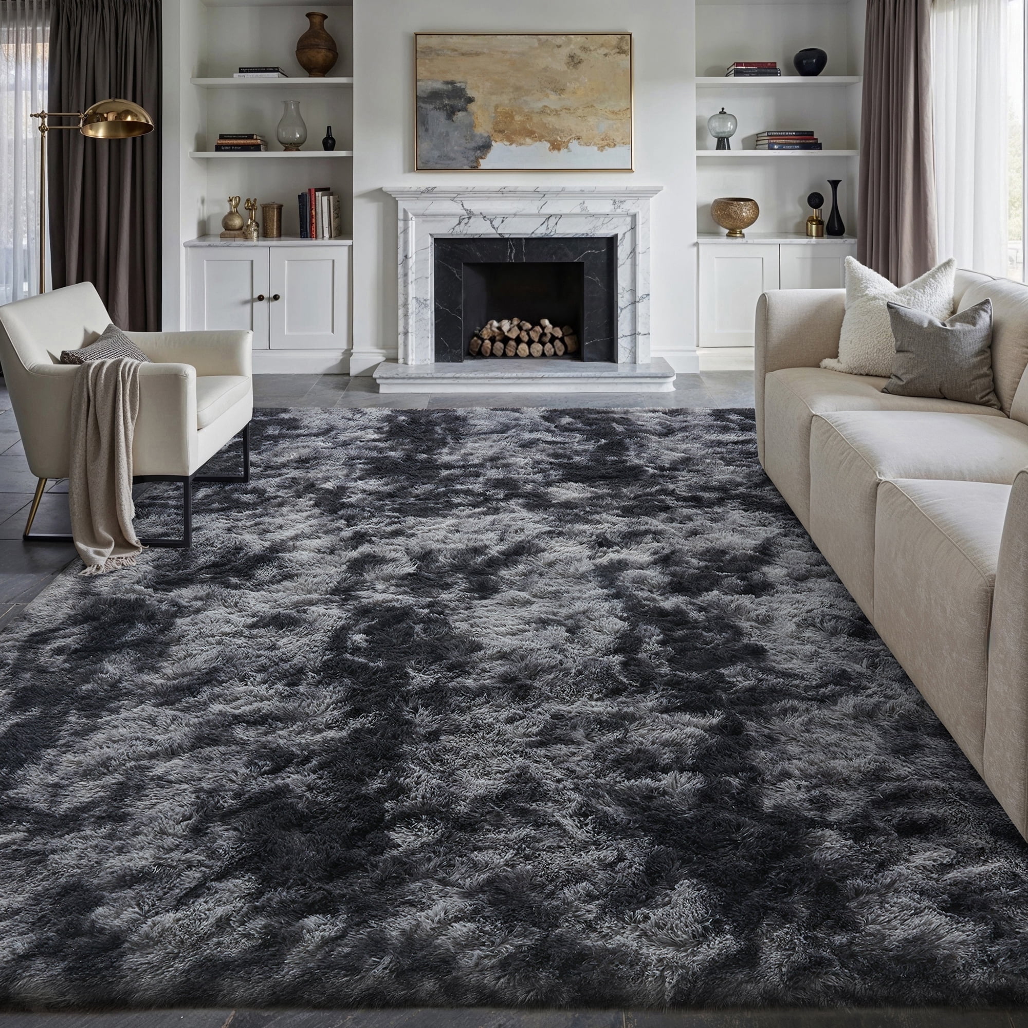 purecozy 8'x10' shag area rugs for living room bedroom dining room office farmhouse, plush indoor decorative long-haired large black rugs carpet, black