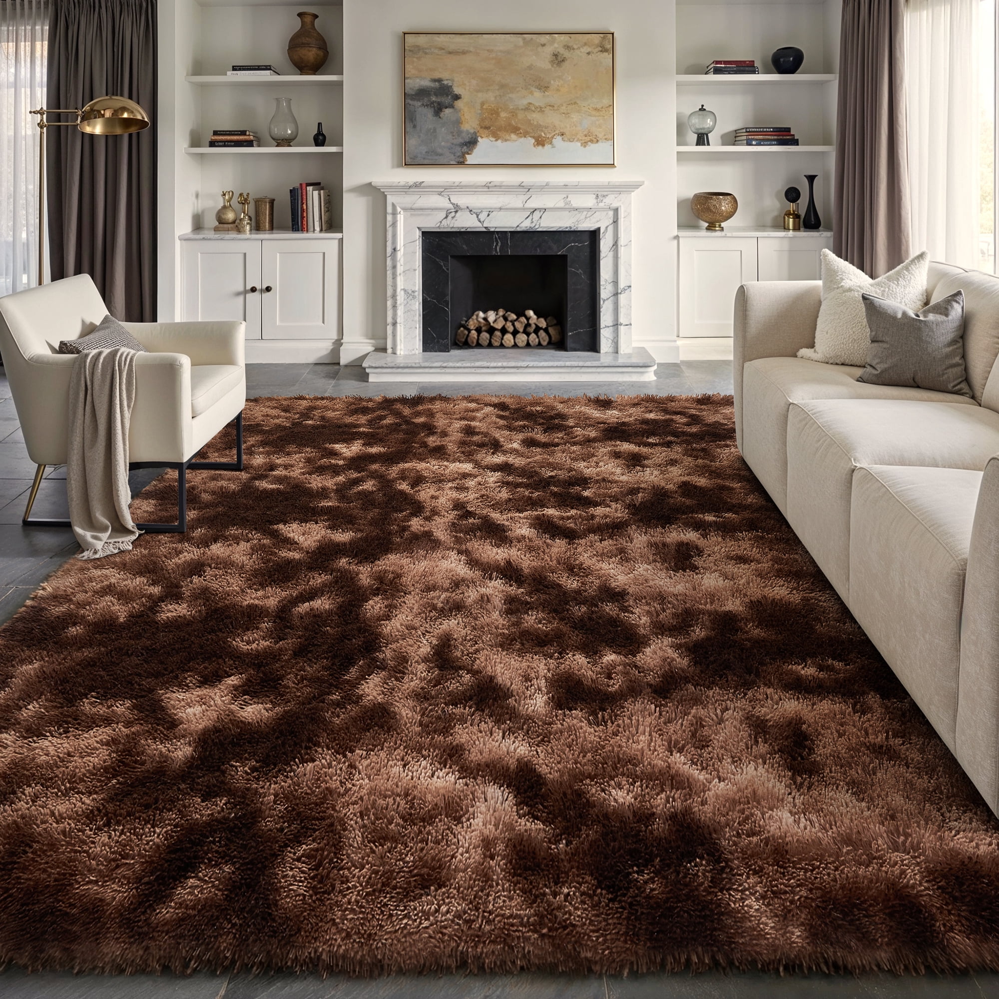purecozy 8'x10' shag area rugs for living room bedroom dining room office farmhouse, plush indoor decorative long-haired large red brown rugs carpet, red brown