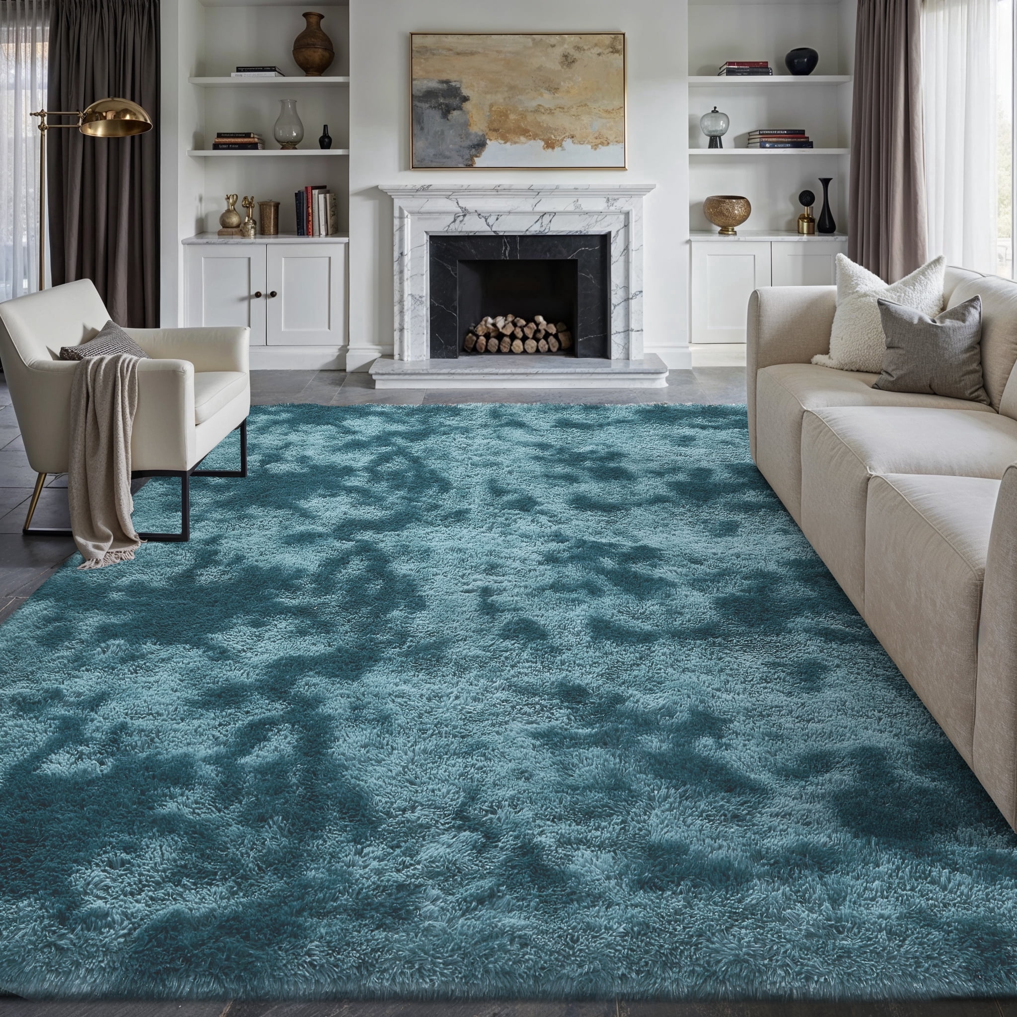 purecozy 8'x10' shag area rugs for living room bedroom dining room office farmhouse, plush indoor decorative long-haired large blue rugs carpet, blue