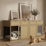 PureCozy 80 Inch Double Dog Crate Furniture, Light Oak, 2 Side-by-Side Kennels for 2 Dogs with Sliding Metal Doors, Elegant Cane Cabinets, and 4 Spacious Storage Drawers, Console Table