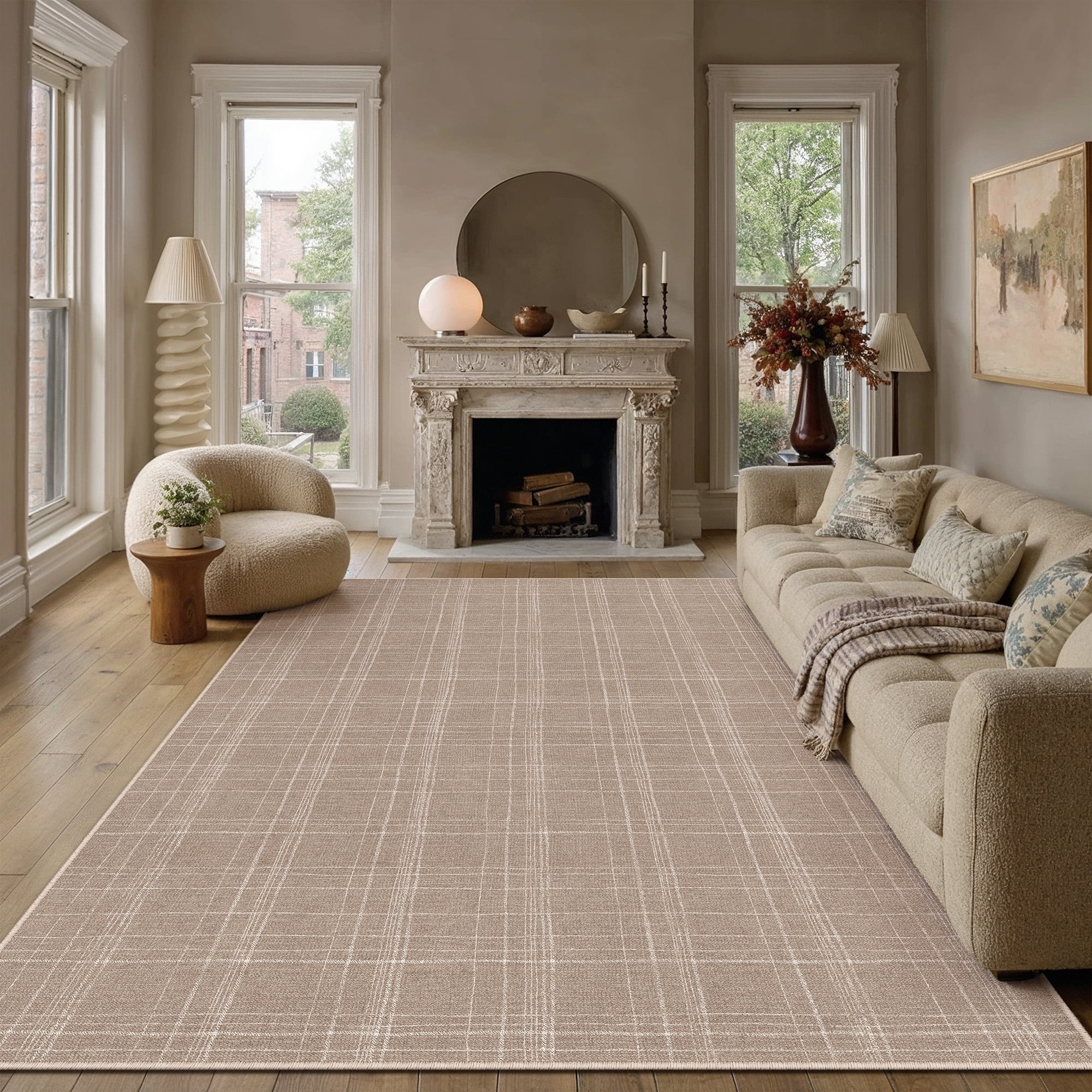 purecozy 9'x12' area rugs for living room bedroom dining room farmhouse office modern plaid non slip geometirc contemporary large beige rugs carpets, beige