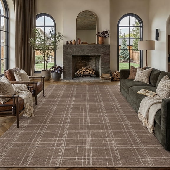 PureCozy 9'x12' Area Rugs for Living Room Bedroom Dining Room Farmhouse Office Modern Plaid Non Slip Geometirc Contemporary Large Brown Rugs Carpets, Brown