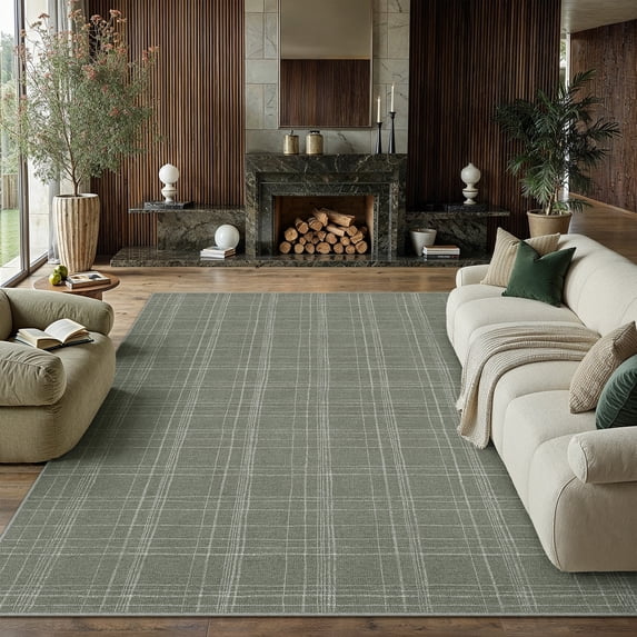 PureCozy 9'x12' Area Rugs for Living Room Bedroom Dining Room Farmhouse Office Modern Plaid Non Slip Washable Geometric Contemporary Large Green Rugs Carpets, Green