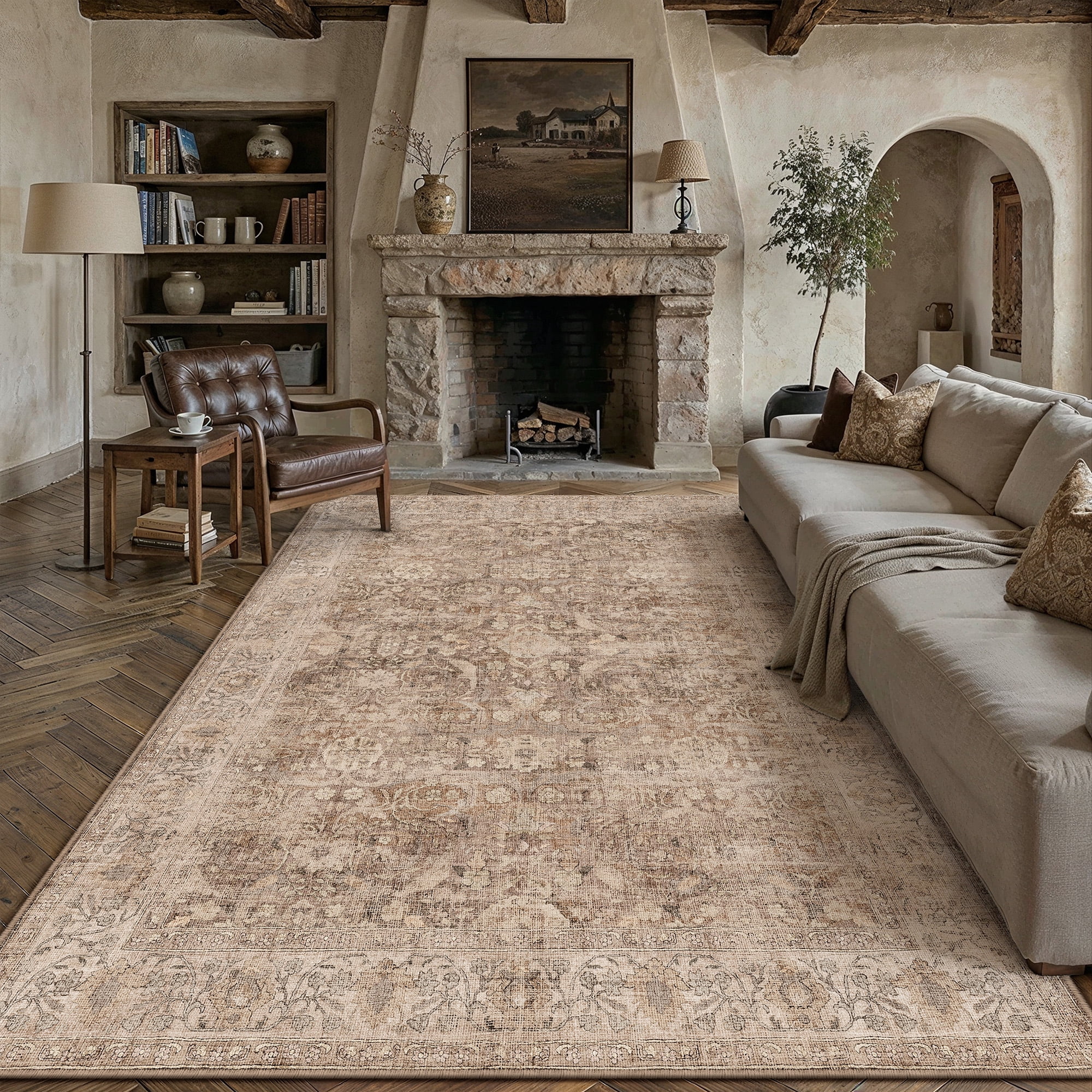purecozy 9'x12' area rugs for living room bedroom dining room farmhouse office rugs washable non slip vintage oriental traditional large brown rugs carpets, light brown
