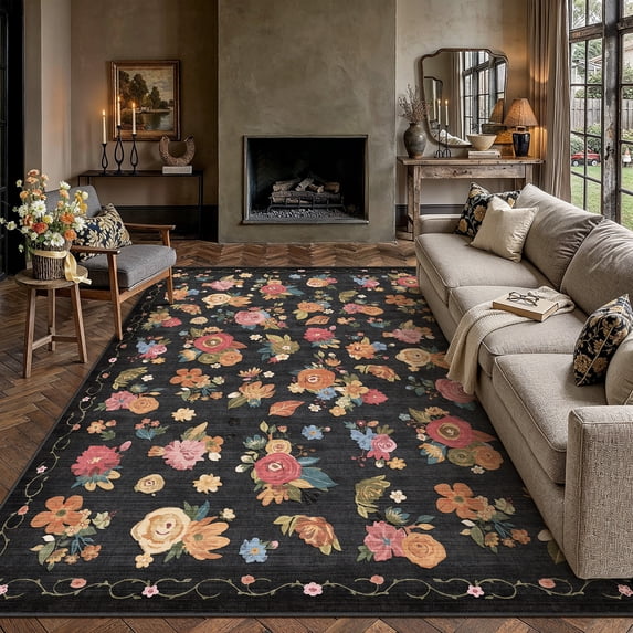 PureCozy 9'x12' Large Area Rugs for Living Room Floral Farmhouse Bedroom Dining room Office Soft Washable Non-slip Black Rugs Carpets, Black