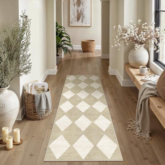 PureCozy Checkered 2x6 Runner Rug for Hallways Beige Washable Long Carpet Non-Slip Low Pile Modern Soft Indoor Accent Throw Rugs Entrance Kitchen Bedroom Dining Laundry