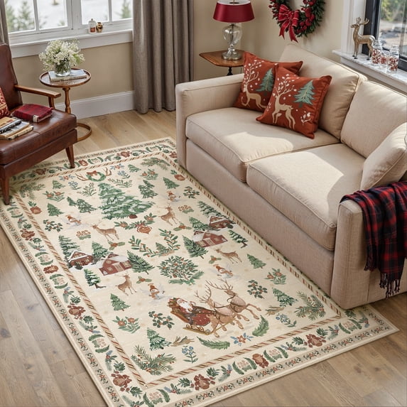 PureCozy Christmas Area Rug 3'x5' Beige Washable Rugs for Living Room Carpet Xmas Santa Claus Christmas Tree Holiday Decor Indoor Bedroom Decorative Non Slip Soft Low Pile Carpet Dining Room Office