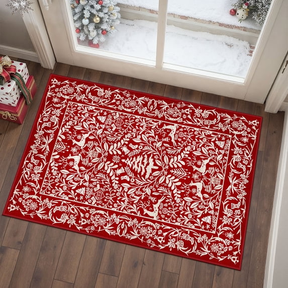 PureCozy Christmas Rug 2'x3' for Entryway, Small Kitchen Bathroom Red Rugs for Living Room Washable Soft Non-Slip Xmas Door Mat for Winter Hoilday Decor, Red