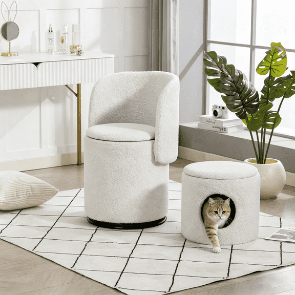 PureDashio 2-in-1 Storage Vanity Stool, Teddy Fleece Swivel Accent Chair with Cat Nest, 360° Rotation Small Barrel Chair,Makeup Chair for Bedroom, Living Room, White