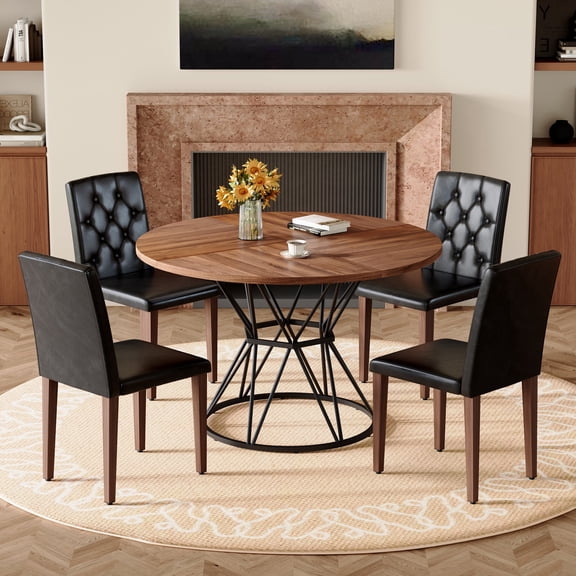 PureDashio 5-Piece Round Dining Table Set for 4, Modern Wood Table with Black Metal Pedestal Base, Tufted Faux Leather Chairs, Compact Kitchen Dining Set for Small Living Room, Office, Cafe