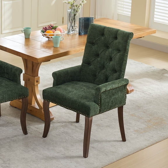 PureDashio Dining Chair, Upholstered Arm Chair with Tufted Back & Nailhead Trim, Solid Wood Legs, Comfortable Side Chair for Kitchen, Dining Room, Green
