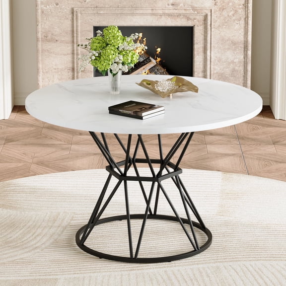 PureDashio Dining Table 47.3" Round White Faux Marble Tabletop & Black Metal Pedestal, Contemporary Kitchen Table for 4-6 People,Dining Room,Modern Industrial Kitchen Table