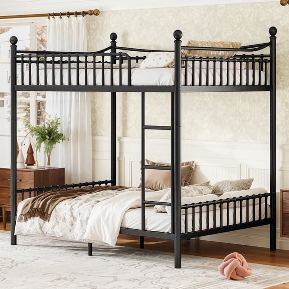 PureDashio Full Over Full Convertible Metal Bunk Bed, Splits into 2 Separate Beds with Ladder & Guardrails, No Box Spring Needed, Black