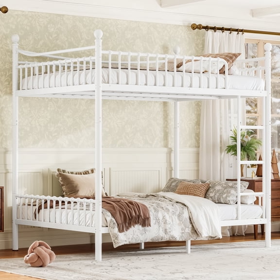 PureDashio Full Over Full Convertible Metal Bunk Bed, Splits into 2 Separate Beds with Ladder & Guardrails, No Box Spring Needed, White