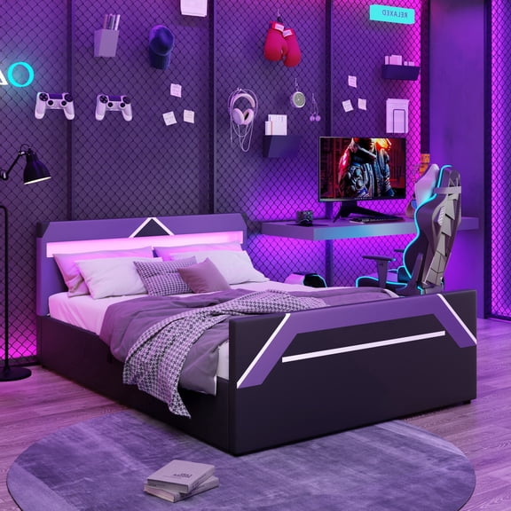 PureDashio Full Size Gaming Bed Frame with Hydraulic Storage, LED Light Strip and PU Upholstered Headboard, Metal Slat Support, No Box Spring Needed, Purple