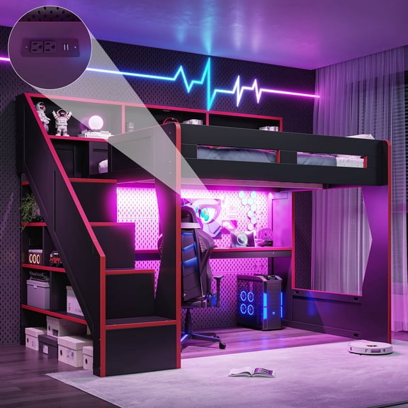 PureDashio Full Size Loft Bed Frame, Gaming Bed Frame with Stairway, Storage Shelves, Built-in Desk, Power Outlet, LED Strip, Black