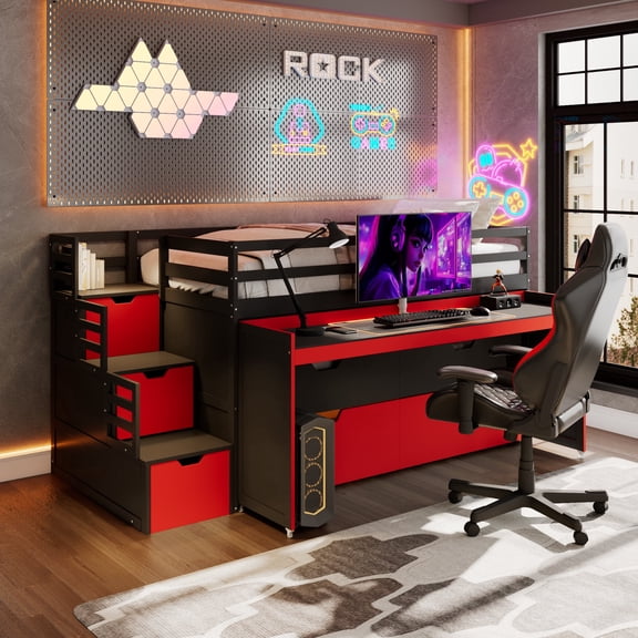 PureDashio Full XL Loft Bed,Gaming Bunk Bed Frame with Stair Storage, Trundle Bed & Underbed Drawer, Safety Guardrail, No Box Spring Required,Red