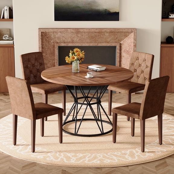 PureDashio Modern 5-Piece Round Dining Table Set for 4, Walnut Wood Tabletop & Black Metal Pedestal Base, Brown Tufted Chairs, Ideal for Small Kitchen, Apartment, Cafe