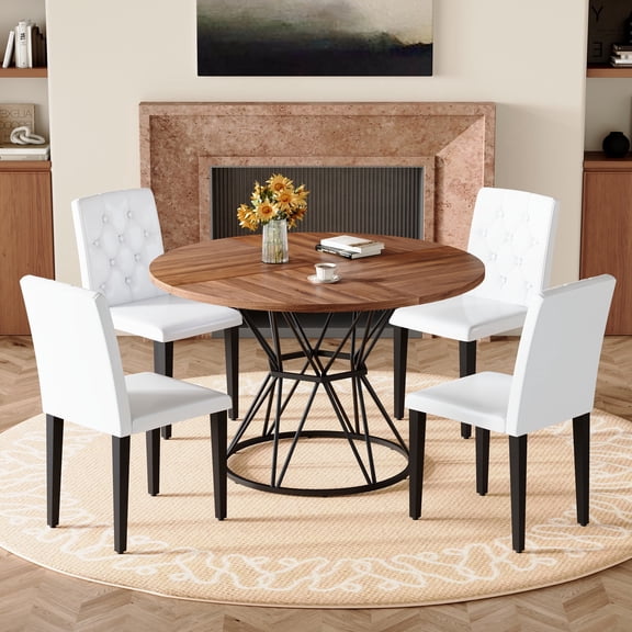 PureDashio Modern 5-Piece Round Dining Table Set for 4, Walnut Wood Tabletop & Black Metal Pedestal Base, White Tufted Chairs, Ideal for Small Kitchen, Apartment, Cafe