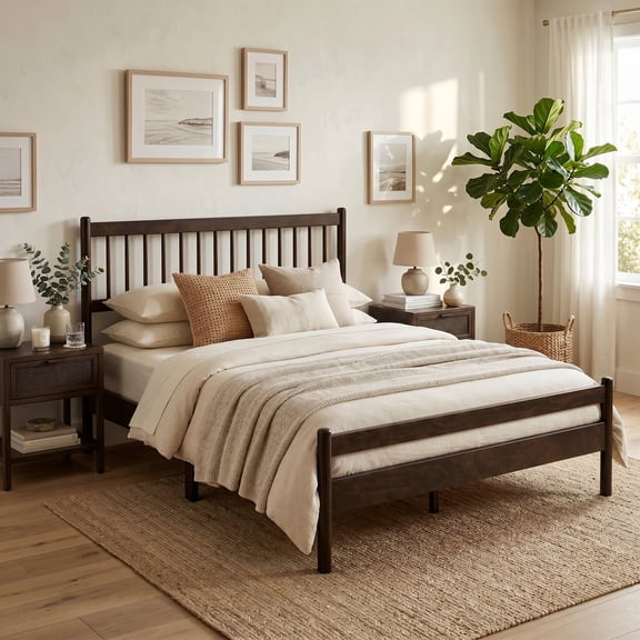 PureDashio Natural Pine Queen Bed Frame, Spindle Headboard Solid Wood Platform Bed, No Box Spring Required, Mid-Century Wooden Bed Frame for Bedroom,Brown