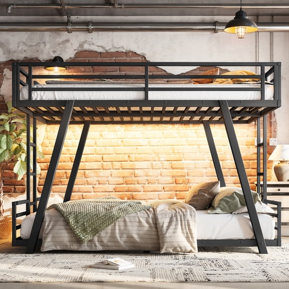 PureDashio Queen Over Queen Bunk Bed, Metal Bunk Bed with 2 Side Ladders, LED Light & Guardrails, No Box Spring Needed, Low Profile Bunk Bed, Black