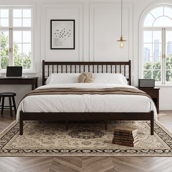 PureDashio Queen Size Solid Wood Platform Bed Frame, Mid-Century Spindle Bed with Slatted Headboard and Footboard, Reinforced Wooden Slat Support, No Box Spring Needed, Black
