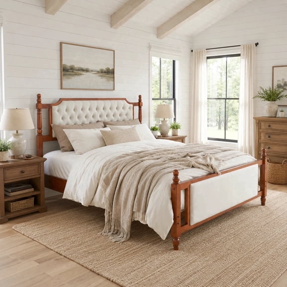 PureDashio Queen Size Upholstered Platform Bed , Solid Wood Farmhouse Bed with Velvet Headboard & Footboard, No Box Spring Needed, Modern French Country Style for Bedroom, Brown