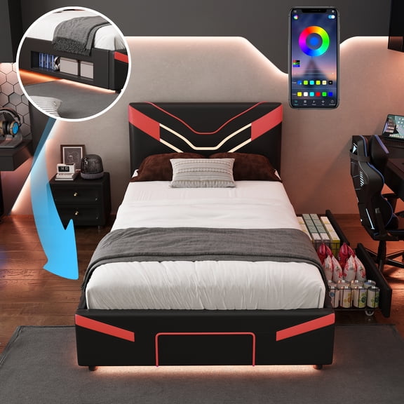 PureDashio Twin Size Upholstered Gaming Bed Frame, PU Leather Platform Bed with LED Lights,Storage Shelf & 2 Steel Drawers,No Box Spring Needed, Red