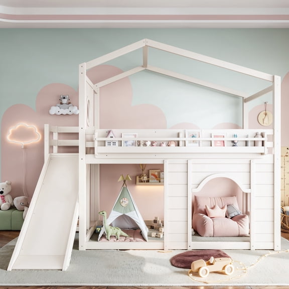 PureDashio Twin Size Wood Loft Bed Frame, Playhouse Loft Bed with Slide, House Roof and Window, Underbed Play Area, Hanging Clothes Rack, Full-Length Safety Guardrails, No Box Spring Needed, Beige
