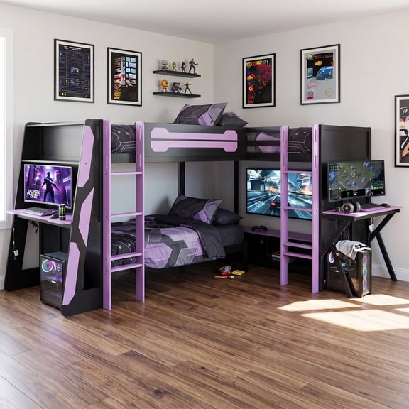 PureDashio Twin over Twin Size Bunk Bed Frame, Gaming Bunk Bed Frame with Two Built-In Desks, Shelves & Ladders, No Box Spring Needed, Purple