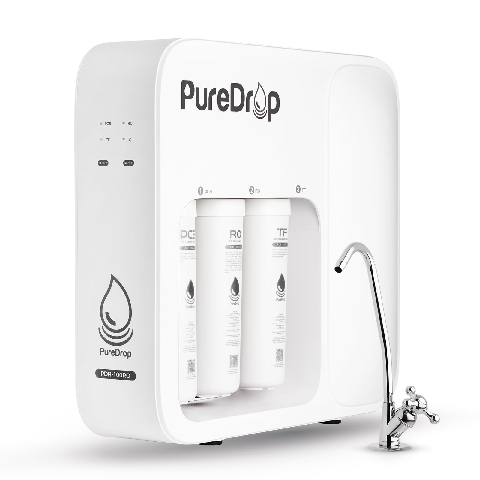 PureDrop PDR-100RO Under Sink 3-Stage Reverse Osmosis Drinking Water Filtration System High Capacity 100 GPD Fast Flow Tankless System