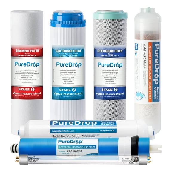 PureDrop PDR-F7KU50 50 GPD Reverse Osmosis Water Filter Replacement Cartridges for RTW5AK-UV 7-Stage RO Water Filtration System with Alkaline Mineral & UV light Filter, 7 Pieces