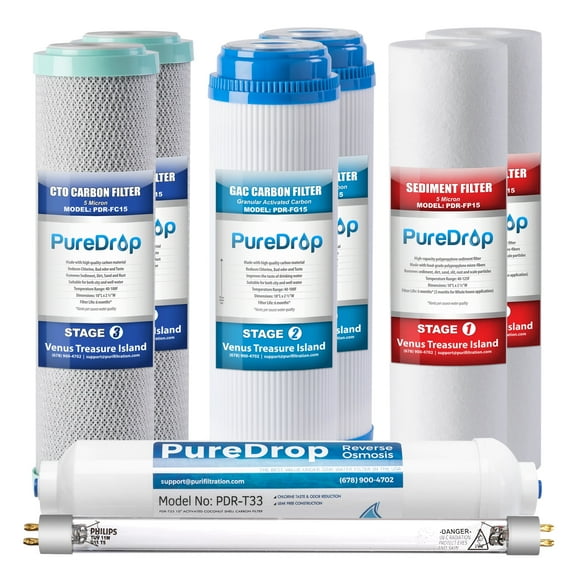 PureDrop PDR-F8U 50 GPD Reverse Osmosis Water Filter 1-Year Replacement Cartridges for RTW5U 6-Stage RO Water Filtration System with UV light Filter, 8 Pieces