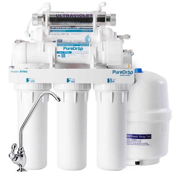 PureDrop RTW5U Reverse Osmosis RO Water Filter System with UV Filter, Ultraviolet Under Sink RO Water Filtration System, 6 Stage UV Under Sink RO Water Filter with Faucet, TDS Reduction, White