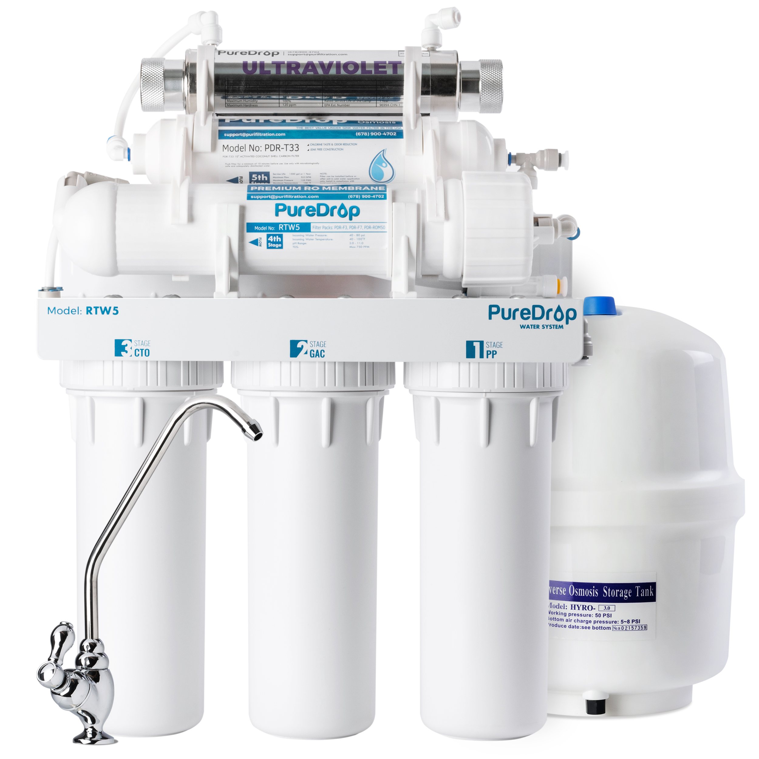 PureDrop RTW5U Reverse Osmosis RO Water Filter System with UV Filter