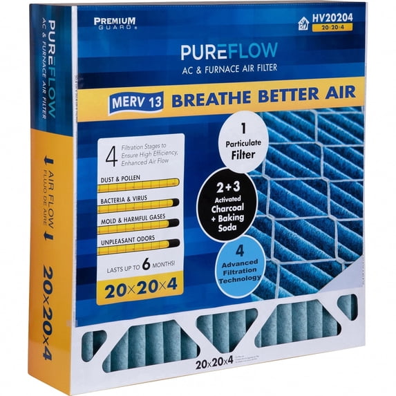 PUREFLOW Odor Control Home Air Filter MERV 13, 20x20x4 Furnace Filter, 4 Layer High Efficiency Filtration for Dust, Smoke, Fumes, Pollutants