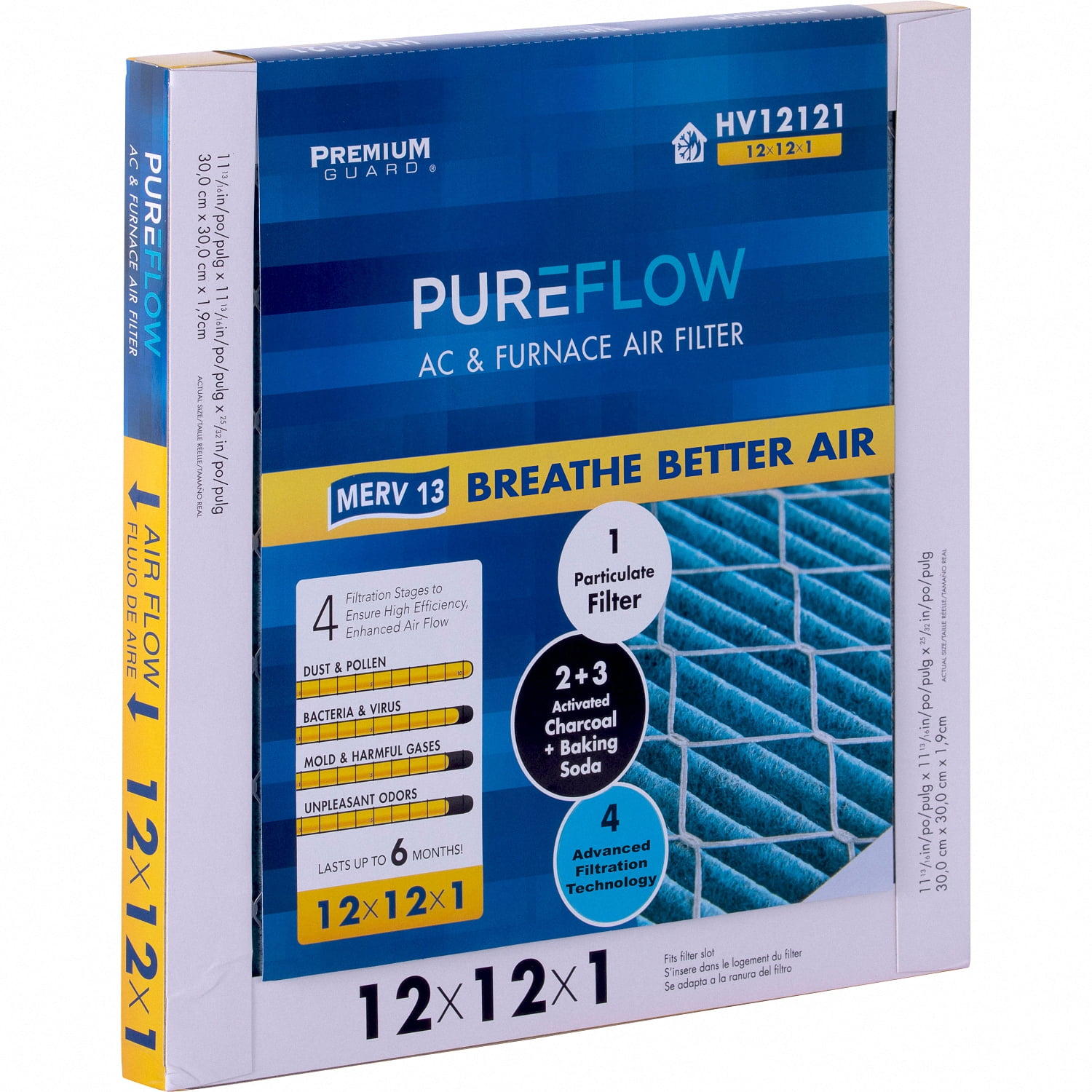 PureFlow, Home Furnace Air Filter 12x12x1, with 4 Layers of Advanced Filtration Technology, MERV