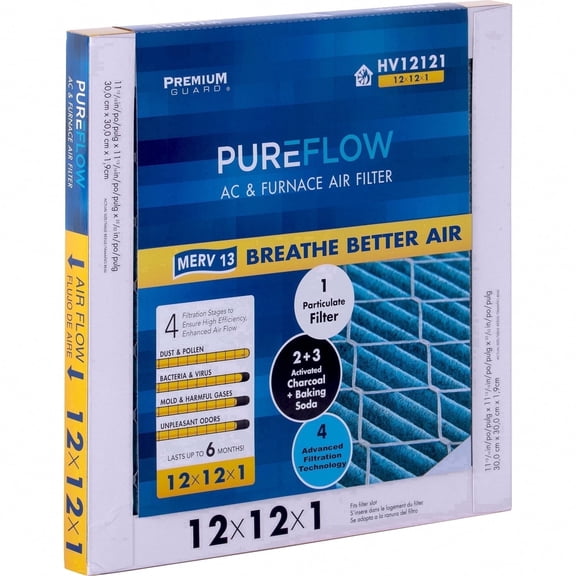 PureFlow, Home Furnace Air Filter 12x12x1, with 4 Layers of Advanced Filtration Technology, MERV-13 Pack-of-2