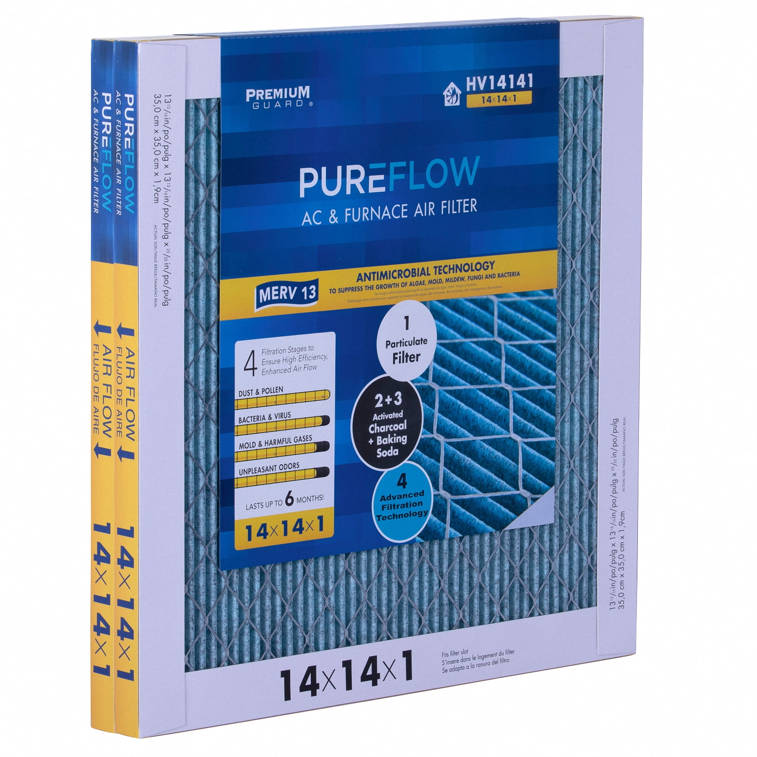 PureFlow, Home Furnace Air Filter 14x14x1, with 4 Layers of Advanced