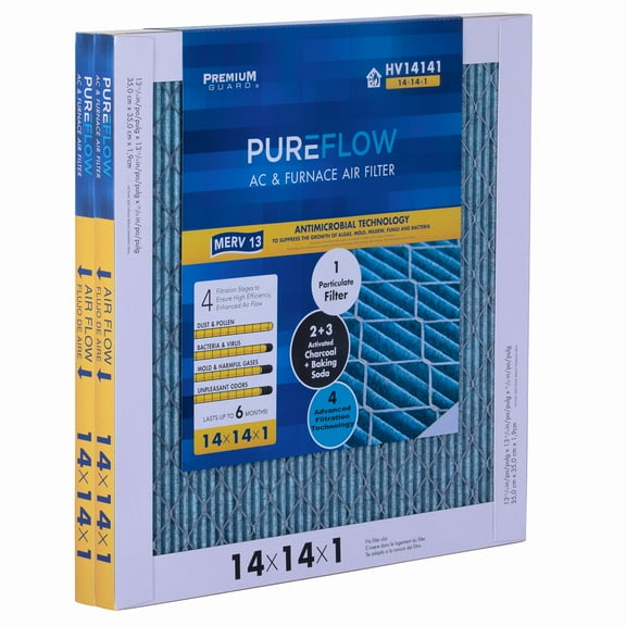 PureFlow, Home Furnace Air Filter 14x14x1, with 4 Layers of Advanced Filtration Technology, MERV-13 Pack-of-2