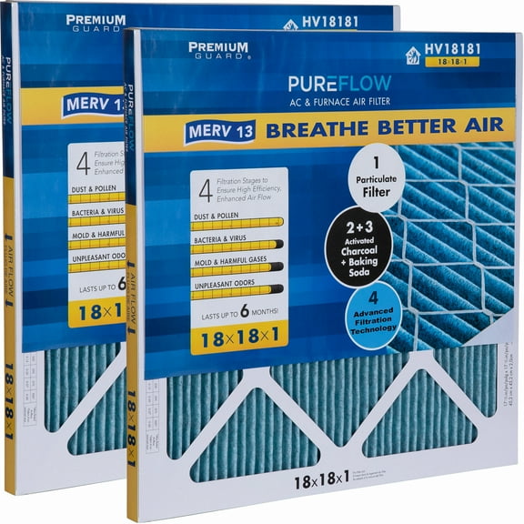PureFlow, Home Furnace Air Filter 18x18x1, with 4 Layers of Advanced Filtration Technology, MERV-13 Pack-of-2