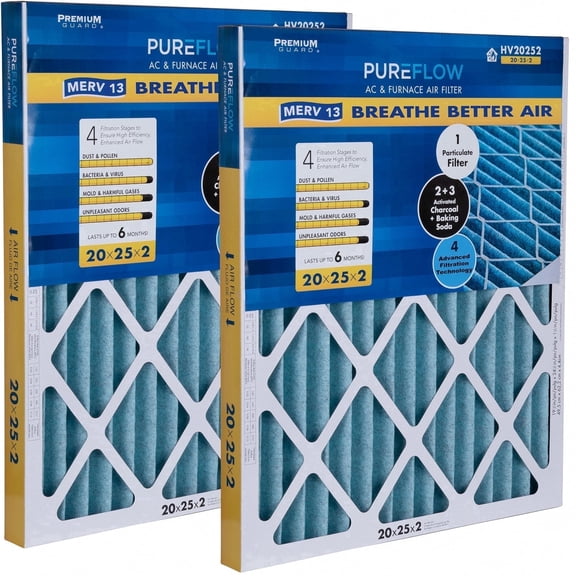 PureFlow, Home Furnace Air Filter 20x25x2, with 4 Layers of Advanced Filtration Technology, MERV-13 Pack-of-2