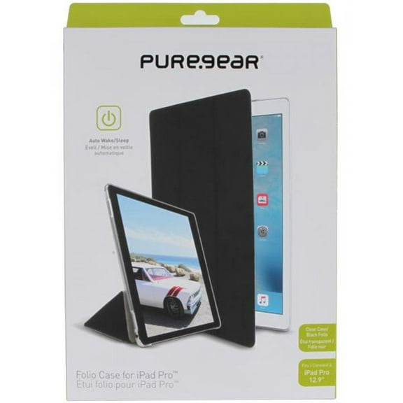 PureGear Folio Case [Black/Clear] for iPad Pro 12.9 with Auto Sleep/Wake, Folding View Stand