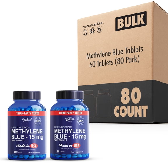 PureGood Methylene Blue Tablets 15 mg Methylene Blue + 75 mg Vitamin C 60 Tablets per Bottle - Third-Party Tested 80 Pack