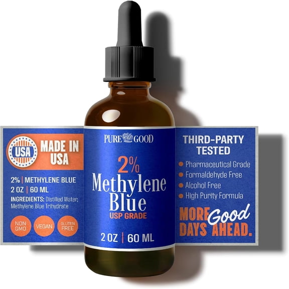 PureGood Pharmaceutical Grade Methylene Blue 2% (60 mL), Third-Party Tested USP-Grade for Humans, Formaldehyde and Alcohol Free Methylene Blue Pharmaceutical Grade in Amber Dropper Bottle 40 Pack