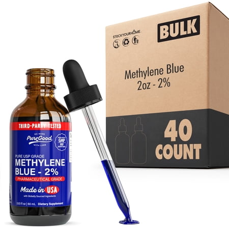PureGood Pharmaceutical Grade Methylene Blue 2% (60 mL), Third-Party Tested USP-Grade for Humans, Formaldehyde and Alcohol Free Methylene Blue Pharmaceutical Grade in Amber Dropper Bottle 40 Pack
